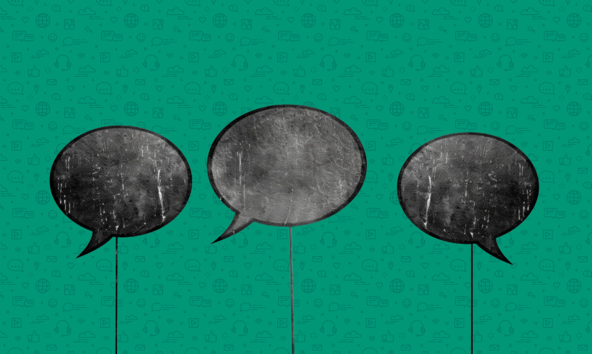 Three chalkboard speech bubbles on sticks displayed against a background of social media icons, representing communication and engagement on social media platforms for podcast promotion.